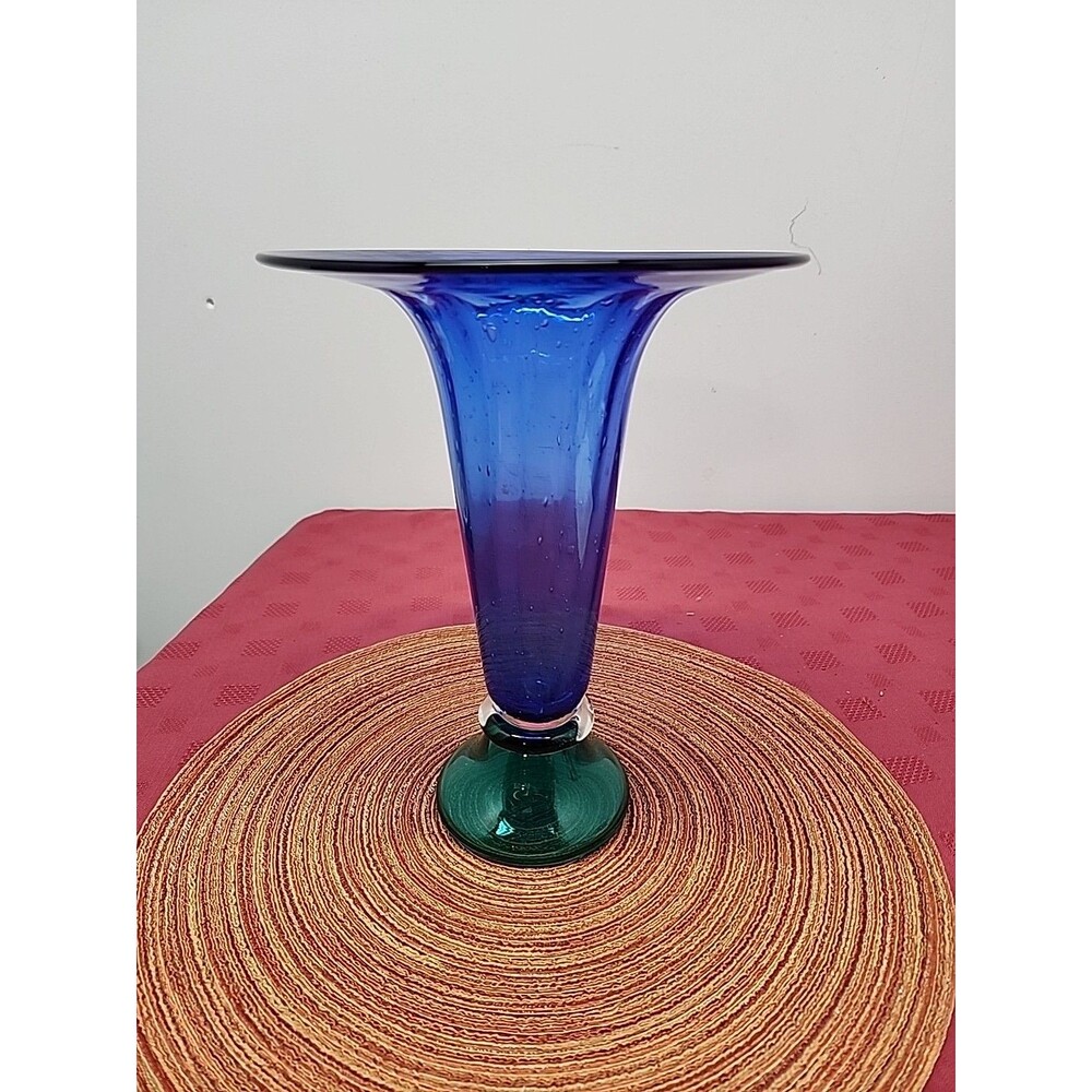 Vintage Gorgeous Designs Colbalt & Green Trumpet Vase Hand Blown 1980s Art Glass